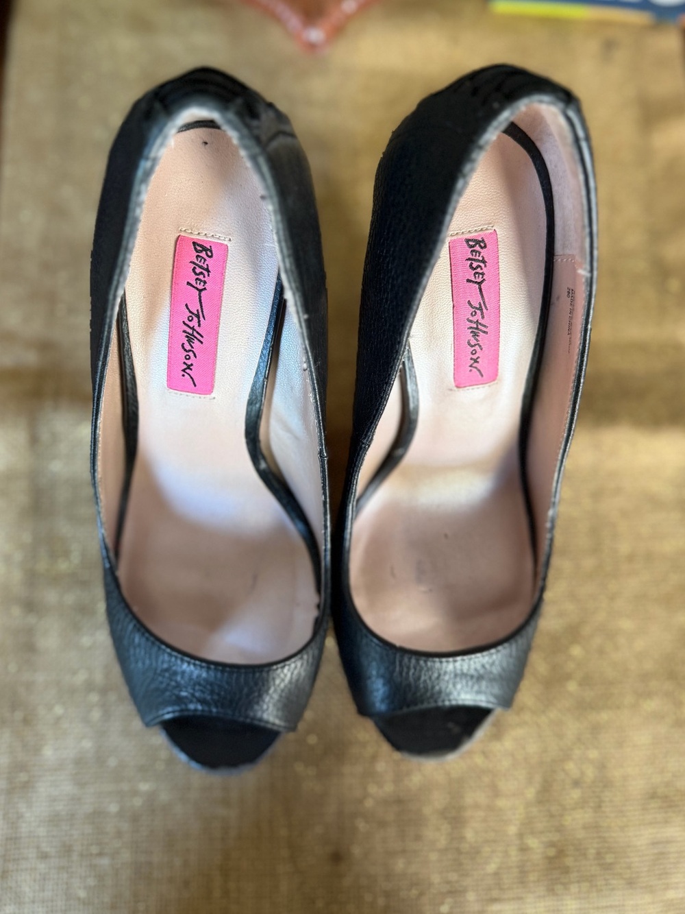 Betsey Johnson Black Leather Peep-Toe Heels